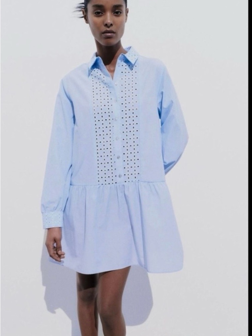 ZARA Cutwork Eyelet Embroidery Drop Waist Pocket Mini Button-Front Shirt Dress